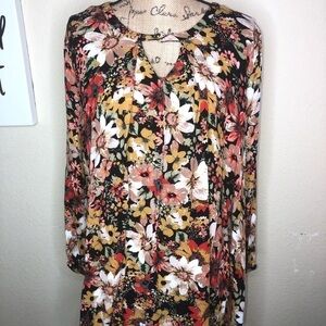 Jodifl Long Sleeve Boho Style, Hi Lo Multi Color Floral Tunic/Mini Dress Size M